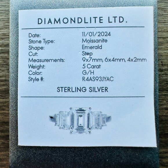 NEW DIAMONDLITE LTD. 5 CARAT MOISSANITE EMERALD SHAPE STERLING SILVER RING - Picture 2 of 7